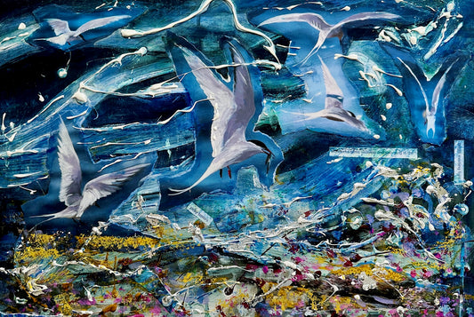 Hand finished print A3+ size/Wonderful terns swaying and swooping in the bright morning light