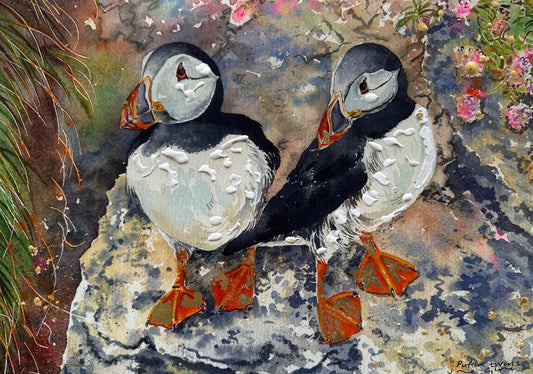 Hand finished print A4 size unframed/Puffin twins