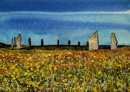 Hand finished print A3 size unframed/Dandelions and The Ring of Brodgar, Orkney