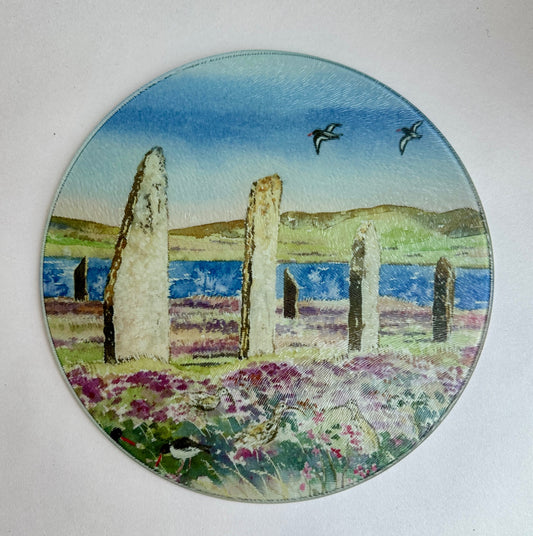 SALE Round glass serving platter/Oystercatchers and curlews at The Ring of Brodgar