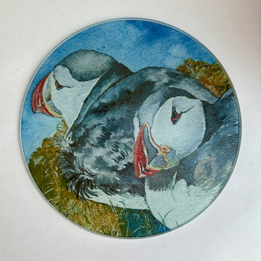 SALE Round glass serving platter/Two puffins