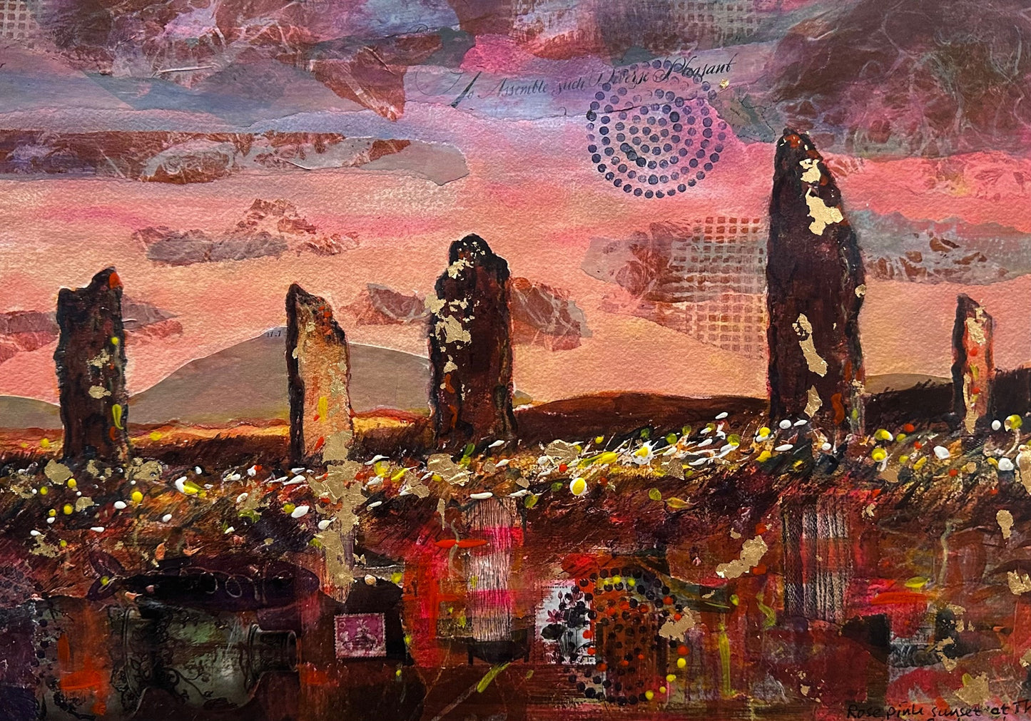 Hand finished print A4 size unframed/Rose pink sunset at The Ring of Brodgar