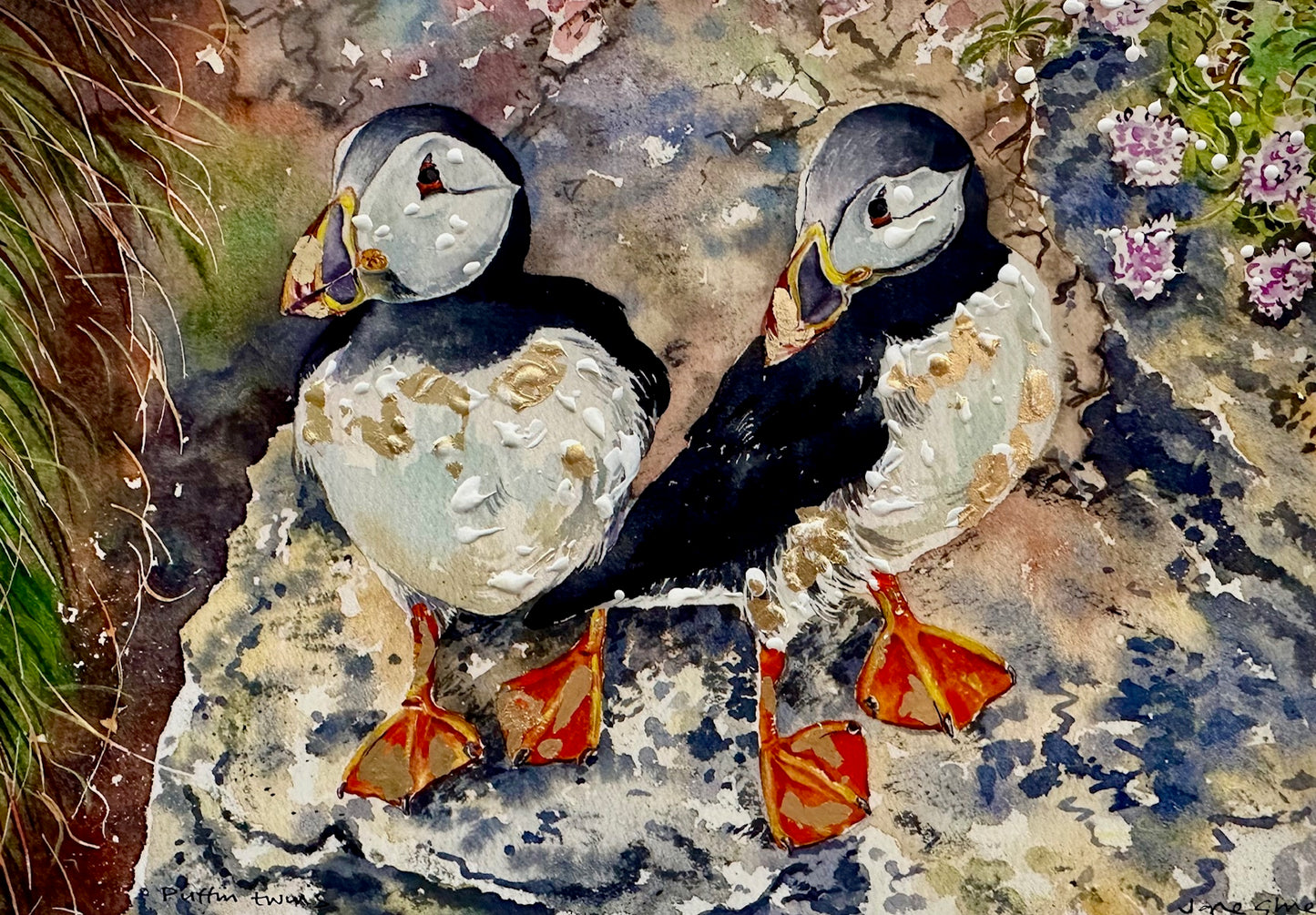 Hand finished print A4 size unframed/Puffin twins