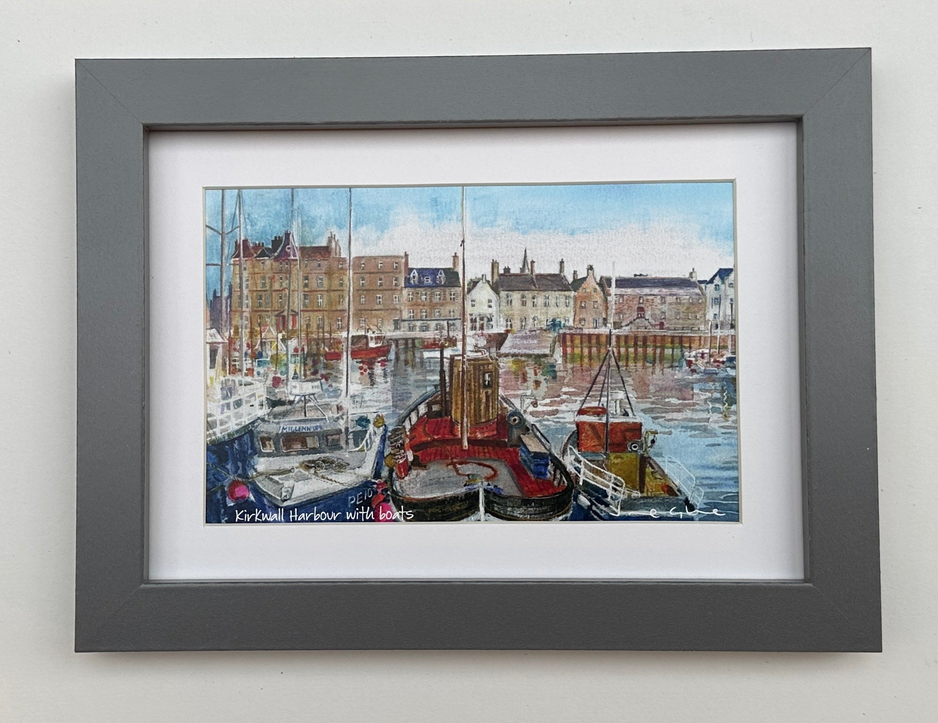 A Small framed watercolour print of Kirkwall harbour with boats – www ...