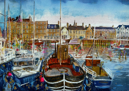 Hand finished print A3 size unframed/Kirkwall harbour with boats